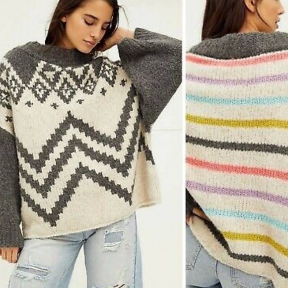 Free People Sweaters | Free People Nordic Rainbow Sweater | Color: Cream/Gray | Size: Xs | Aprilbriann's Closet